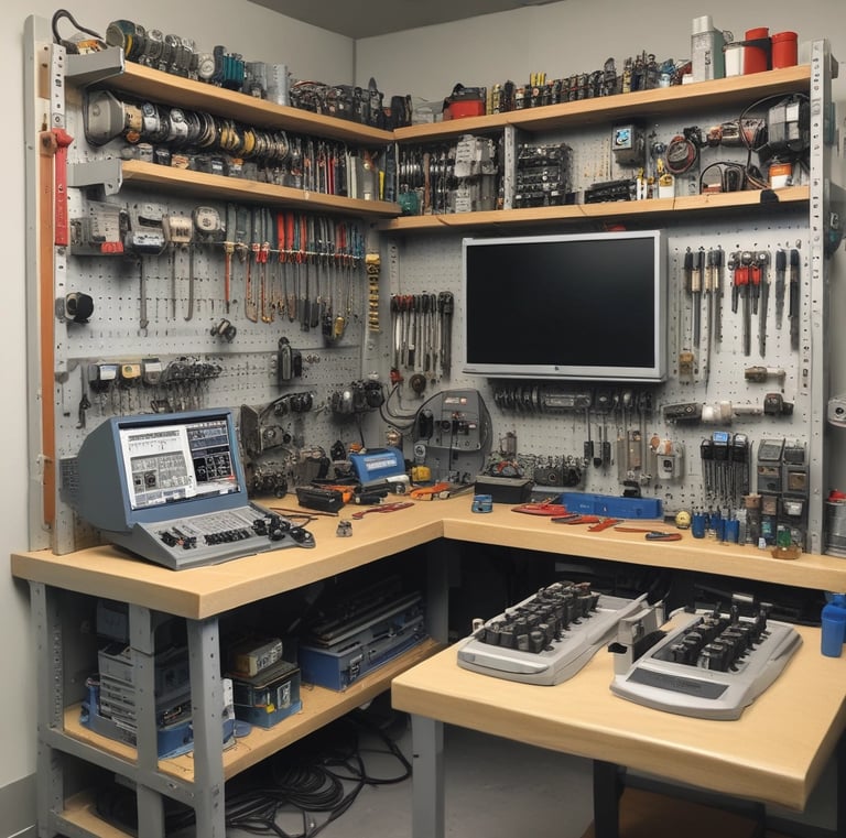 Workshop scene showing multiple diagnostic devices and tools arranged neatly