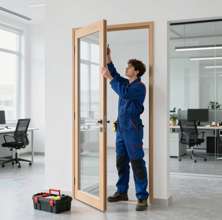 Carpenter fixing a door frame in a modern office space.