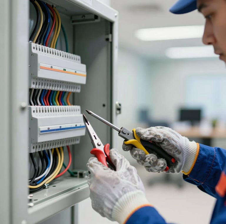 Close-up of hands repairing electrical wiring inside a commercial building.