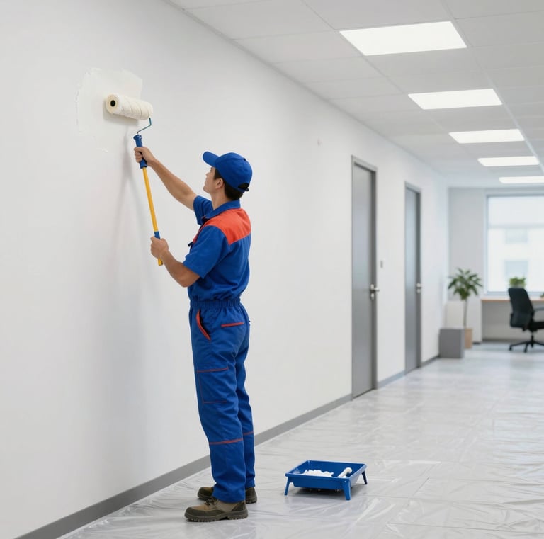 Worker patching and painting a wall in a corporate office corridor.