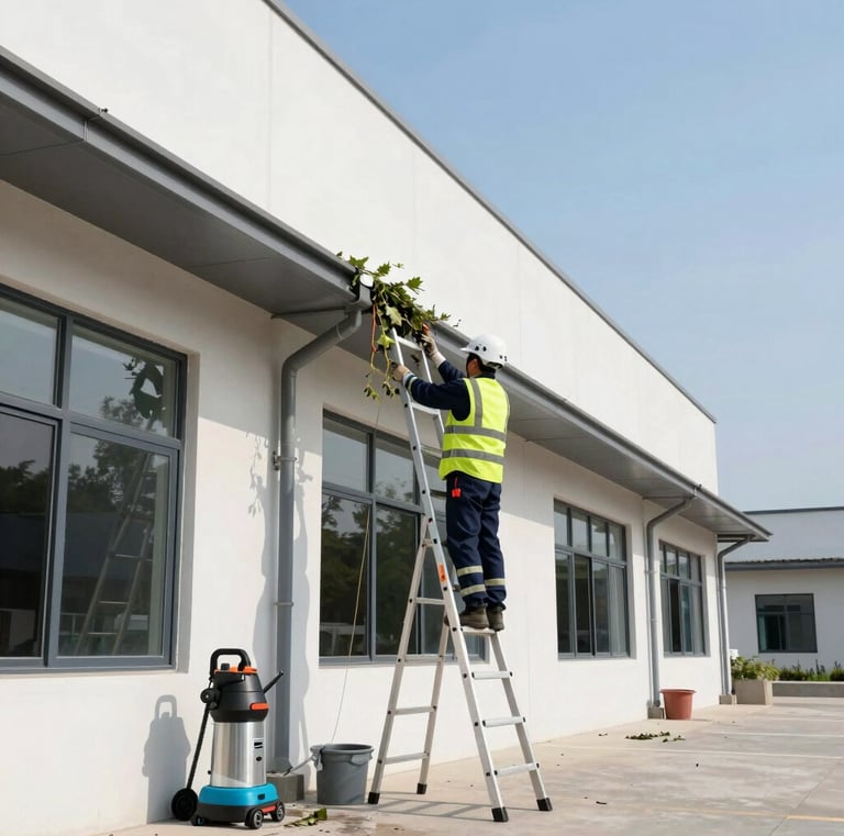 Maintenance crew cleaning and clearing gutters along a building exterior.