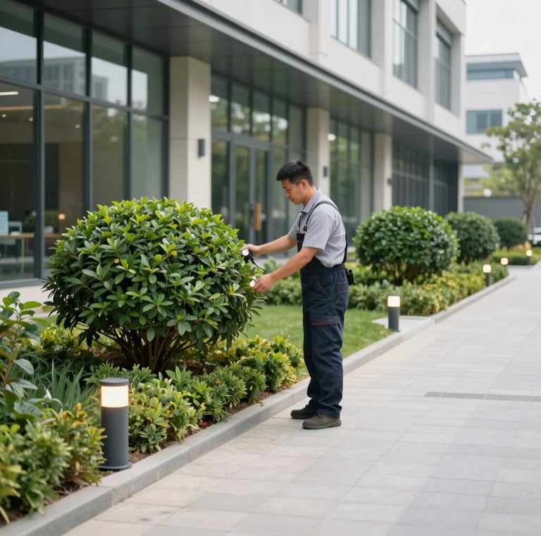 Landscaper trimming shrubs and maintaining walkway lighting outside a commercial property.