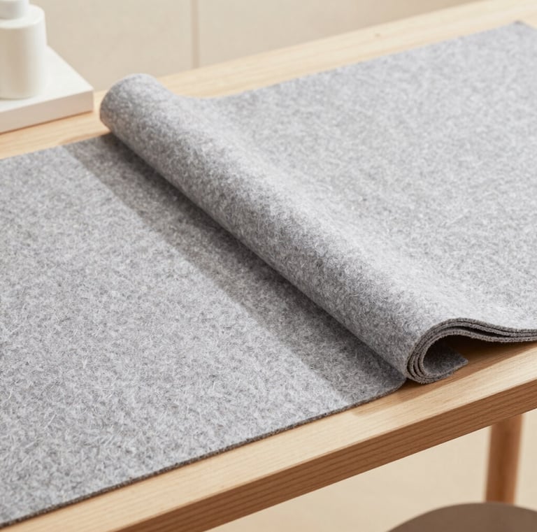 Self-adhesive felt sheets protecting furniture legs on hardwood floor.