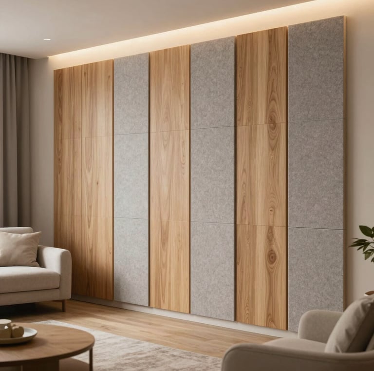 Wooden acoustic wall panels adding natural warmth to a cozy living room.