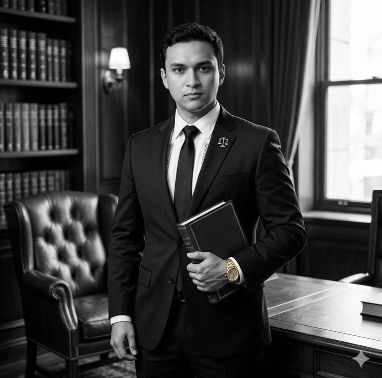 Hombre de pie con saco negro sosteniendo libro en una sala antigua. Imagen blanco y negro.