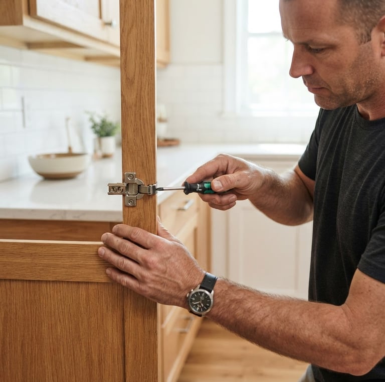 Professional handyman adjusting a kitchen cabinet hinge, bright natural daylight, clean residential interior, hands-at-work, sharp depth of field