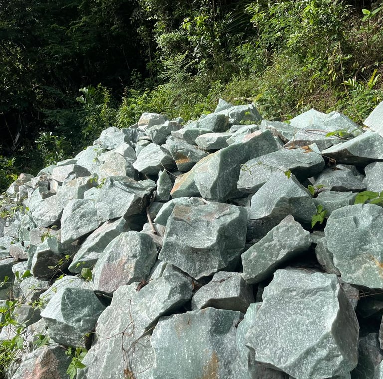 Uma pilha de rochas e minerais de quartzo verde bruto em um cenário de floresta tropical.