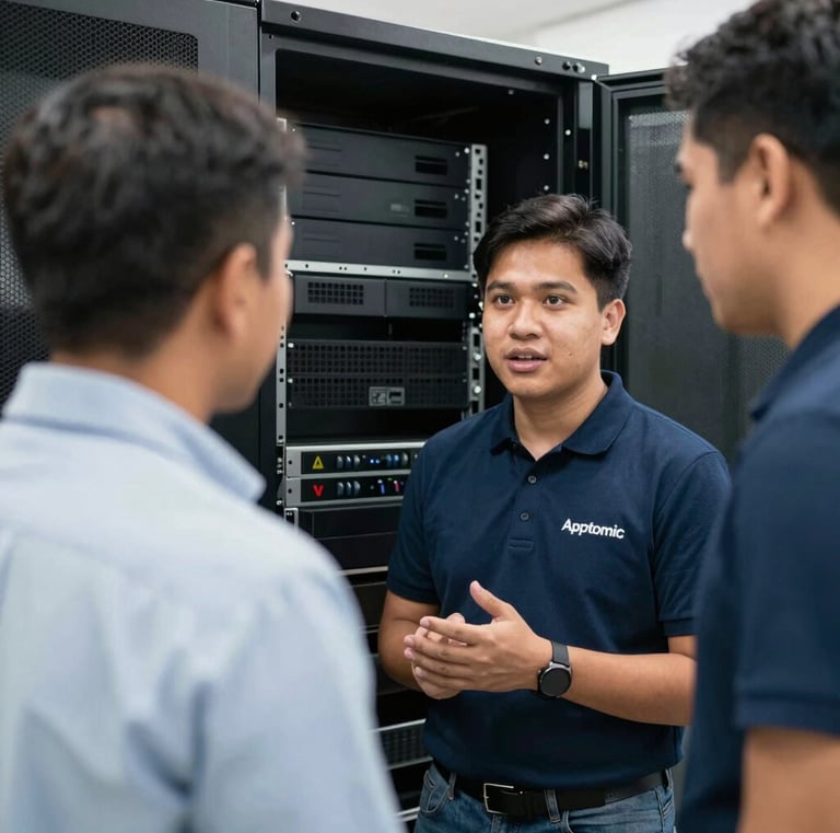 A close-up of a server rack glowing with blue LED lights in a data center.
