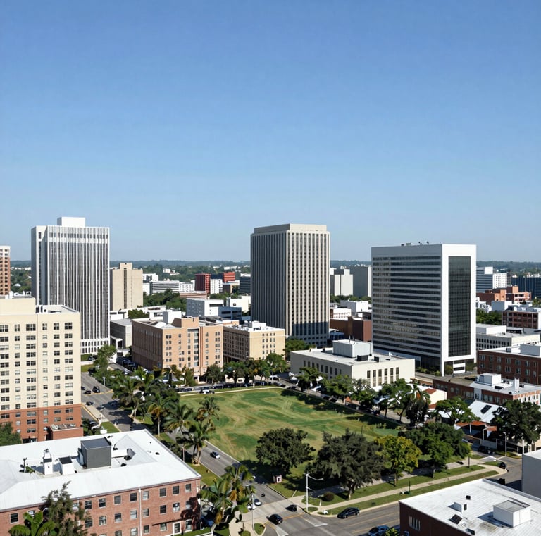 Aerial view of a promising urban site with nearby transportation hubs and bustling streets.