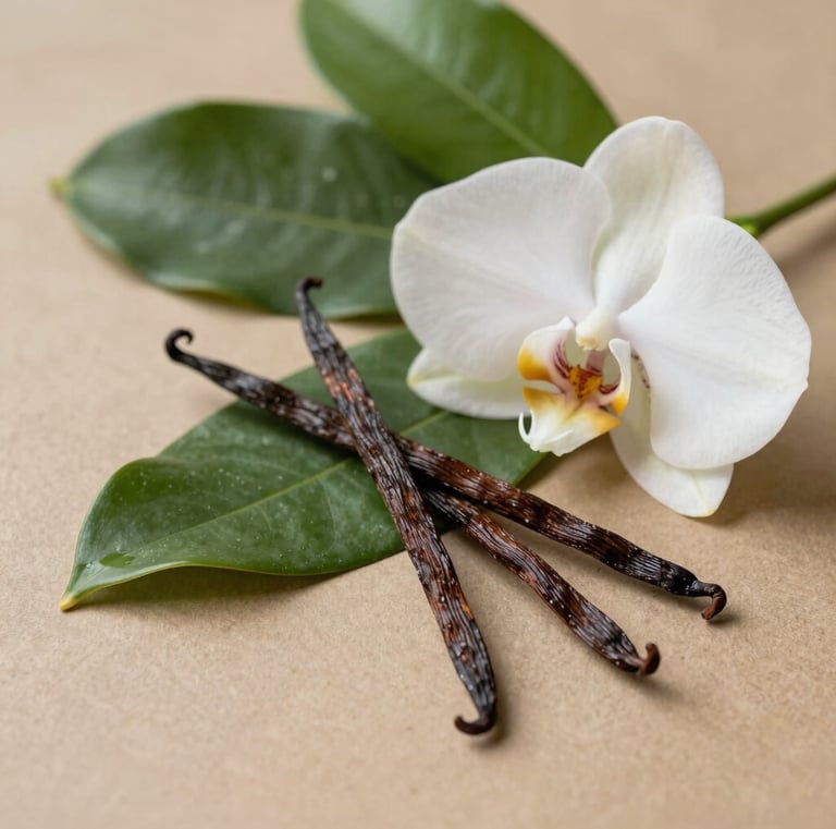 A bundle of ethically sourced vanilla pods tied with natural twine, resting on handmade paper.