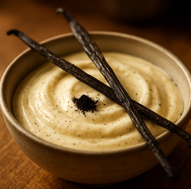Delicate vanilla seeds sprinkled atop a decadent gourmet dessert, showcasing the tiny black specks.