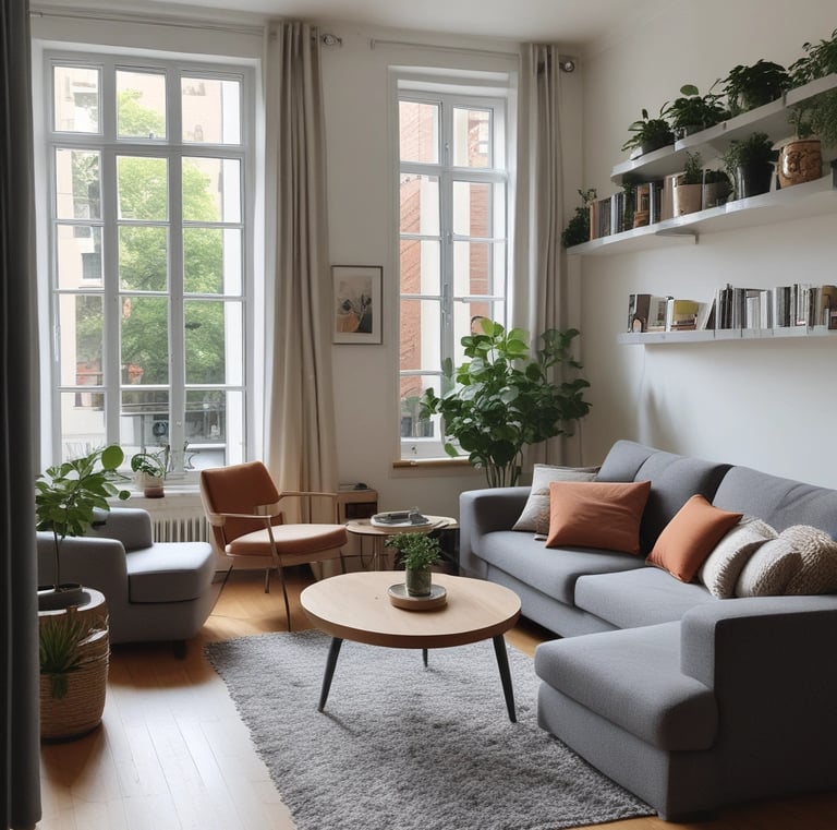 Cozy living room in a Brussels apartment with warm lighting.