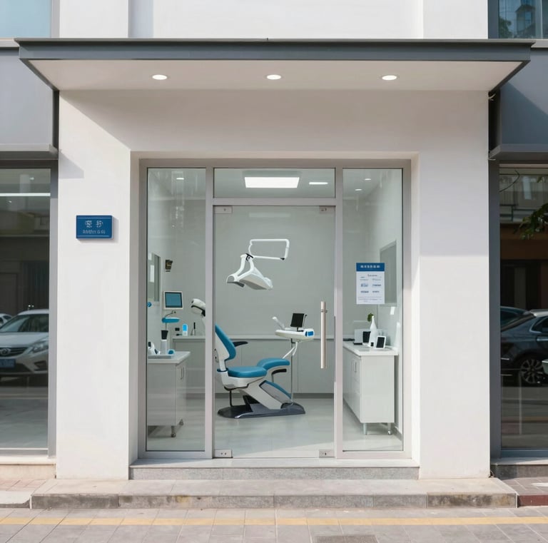 Exterior view of a partnered dental clinic with clear signage and inviting entrance.