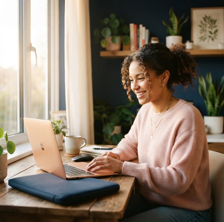 Diverse working woman in a bright home office, smiling, looking at a laptop, warm natural golden-hour window light, blush and navy tones, shallow depth of field, 35mm
