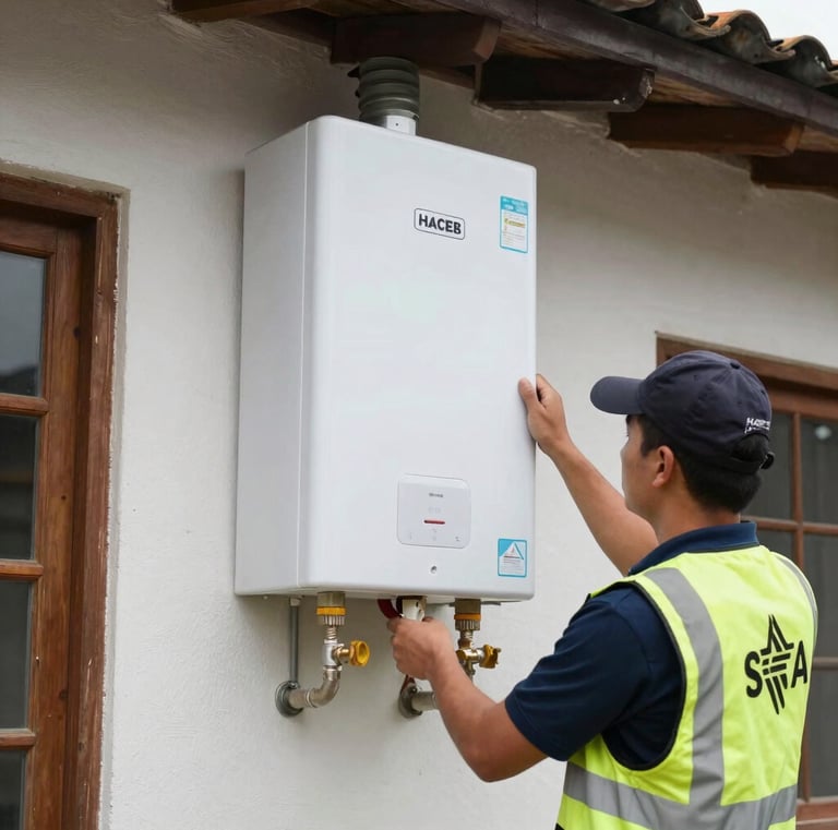Friendly technician explaining maintenance tips beside a Haceb refrigerator.