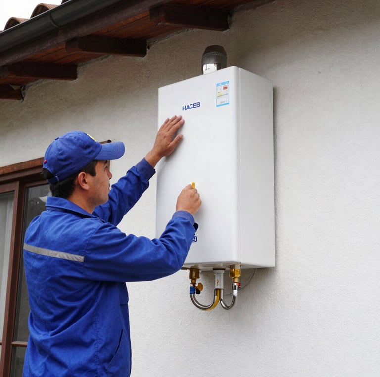 Customer smiling as technician completes a gas appliance check at El Chicó.