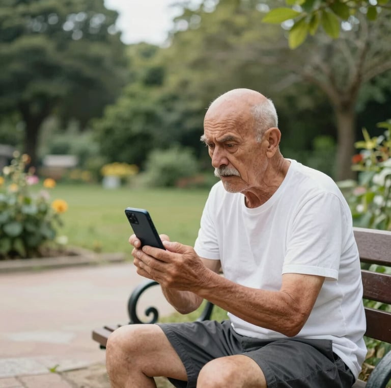 Senhor com dificuldade em localizar um aplicativo em seu celular