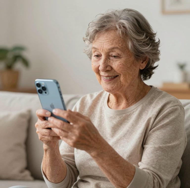 Senhora feliz em conseguir utilizar seu Iphone com segurança e facilidade