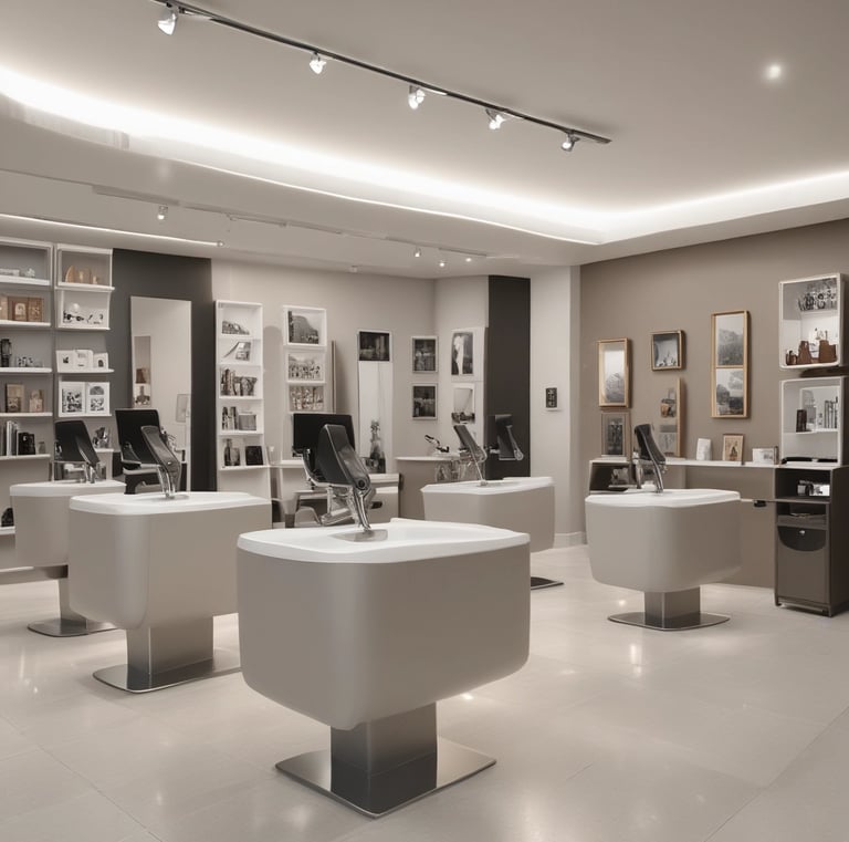 A warm, inviting studio interior with a stylist fitting a client with a natural-looking wig.