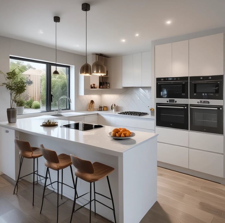 Close-up of finely detailed cabinet handles on smooth, cream-colored kitchen drawers.