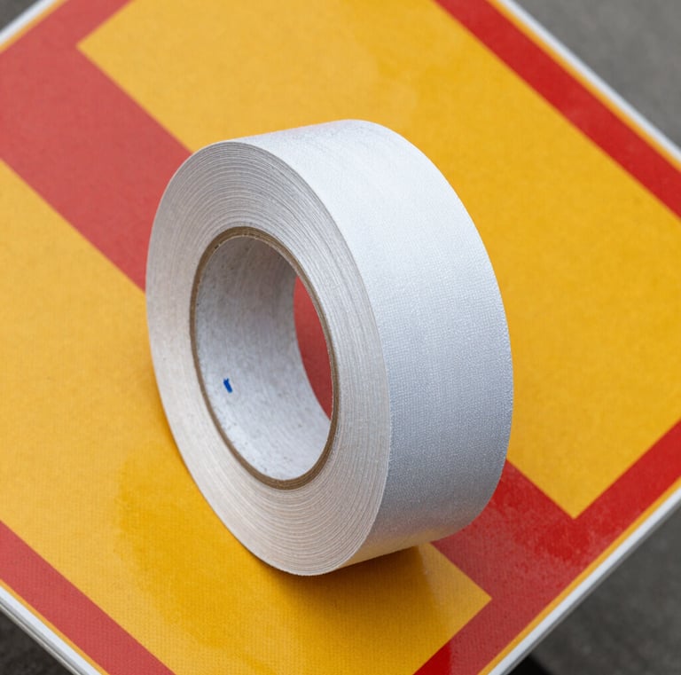 Rolls of reflective tape ready for application on road signs.
