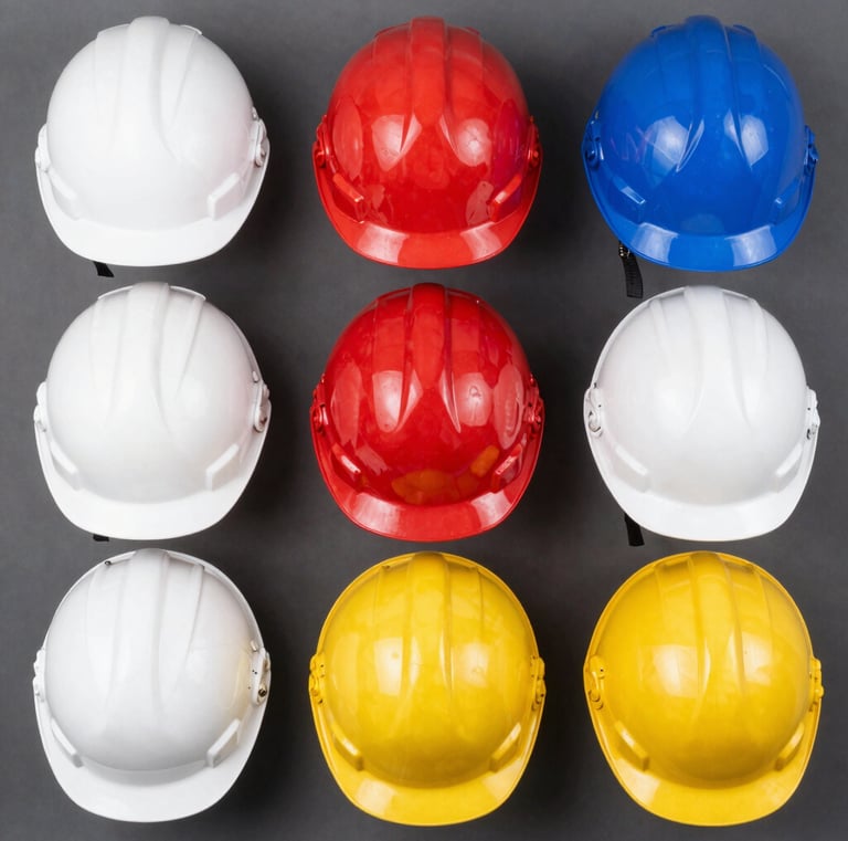 Close-up of industrial helmets stacked neatly in a warehouse.