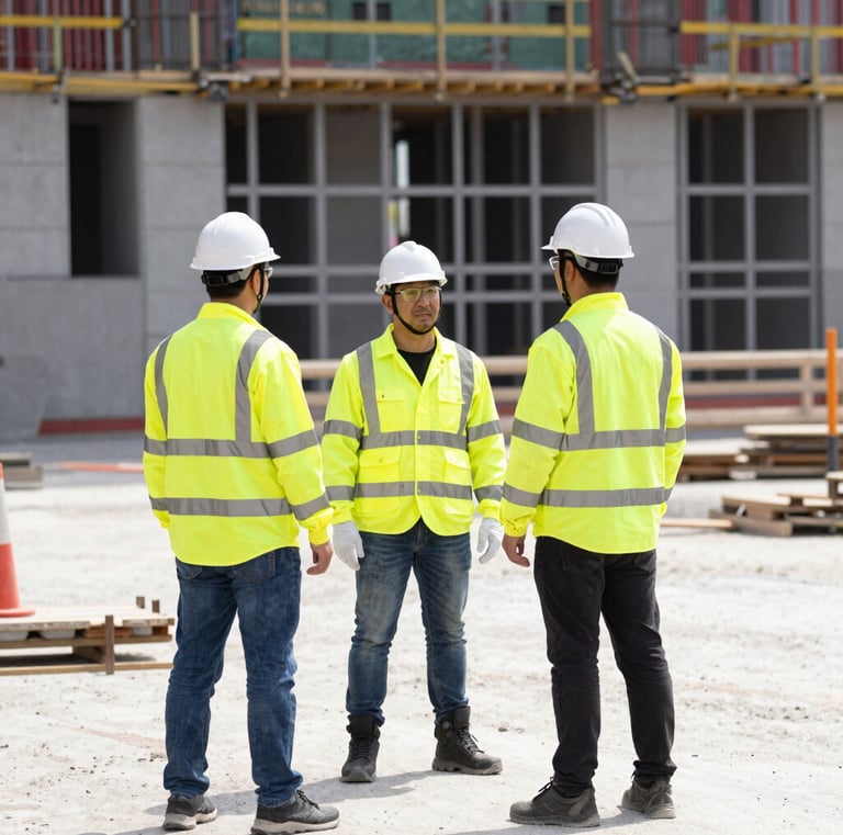 Workers wearing high-visibility shirts and safety gear on a construction site.