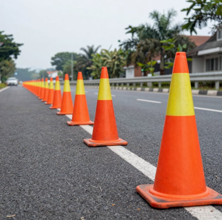 Bright yellow traffic cones lined up along a freshly paved highway.