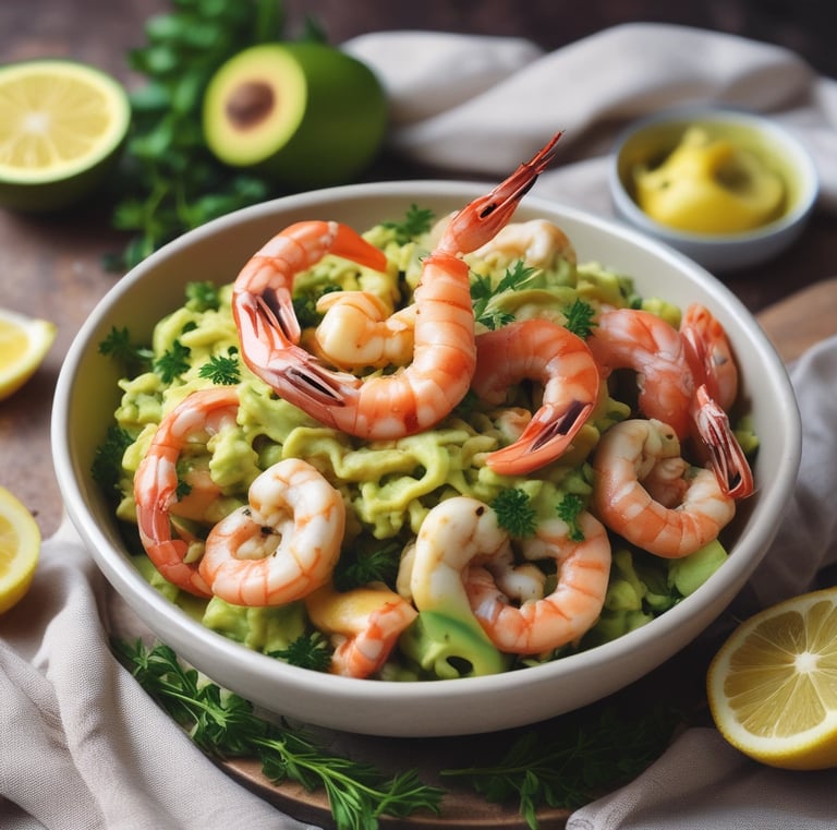 a bowl of shrimp and avocado with avocado