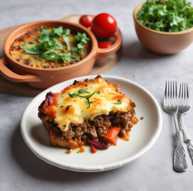 a plate with a casserole and a bowl of salad