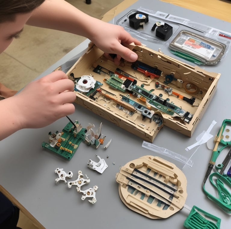 Close-up of hands assembling educational kits for students.
