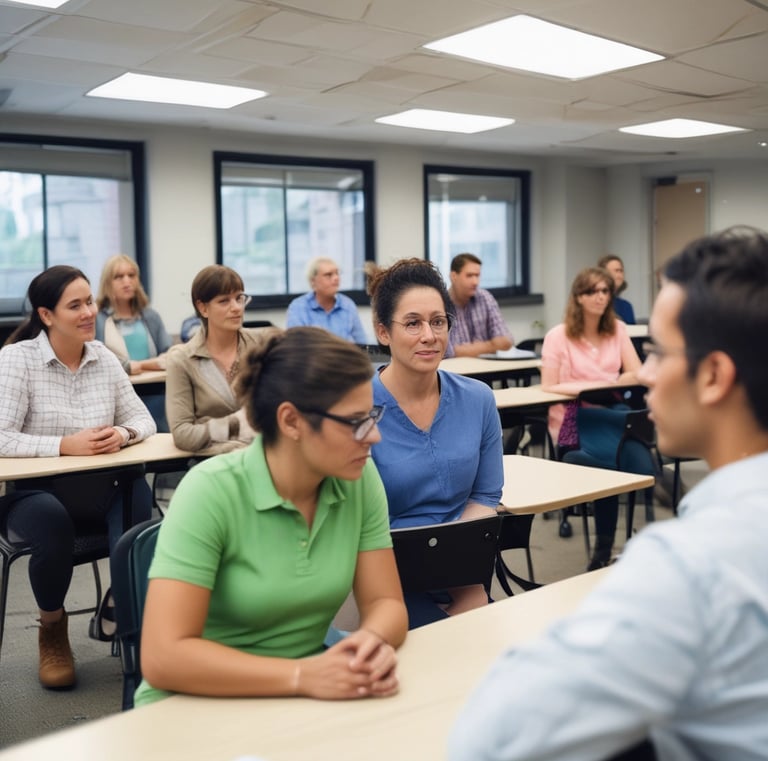A group of educators collaborating in a bright classroom setting.