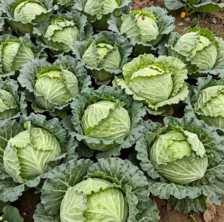 Close-up of fresh green cabbage heads neatly arranged in rows ready for distribution.
