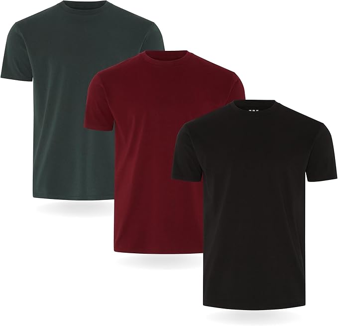 Three pack of men's cotton crew neck t-shirts in dark green, burgundy, and black.