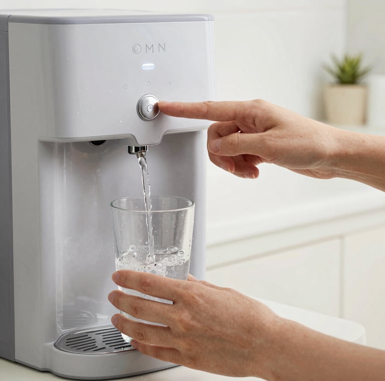 Happy family using a water dispenser in their cozy kitchen.