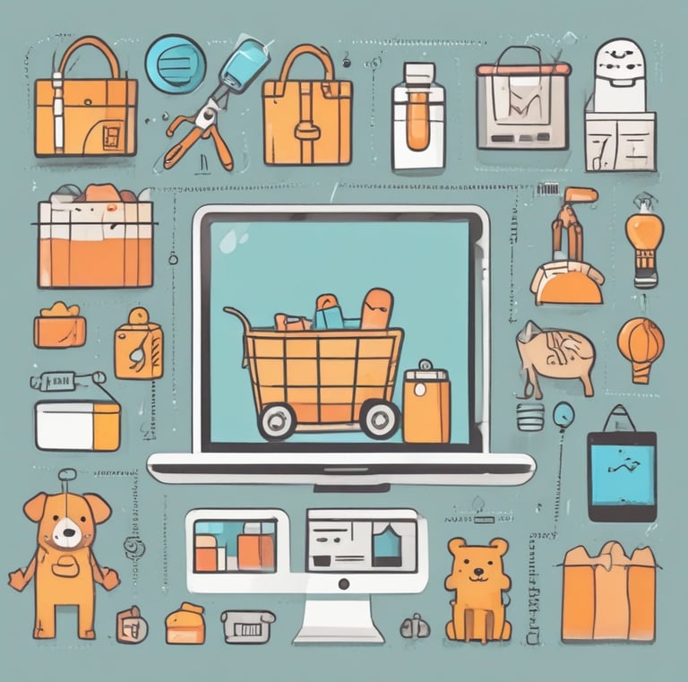 Display of assorted pet products arranged neatly on shelves.