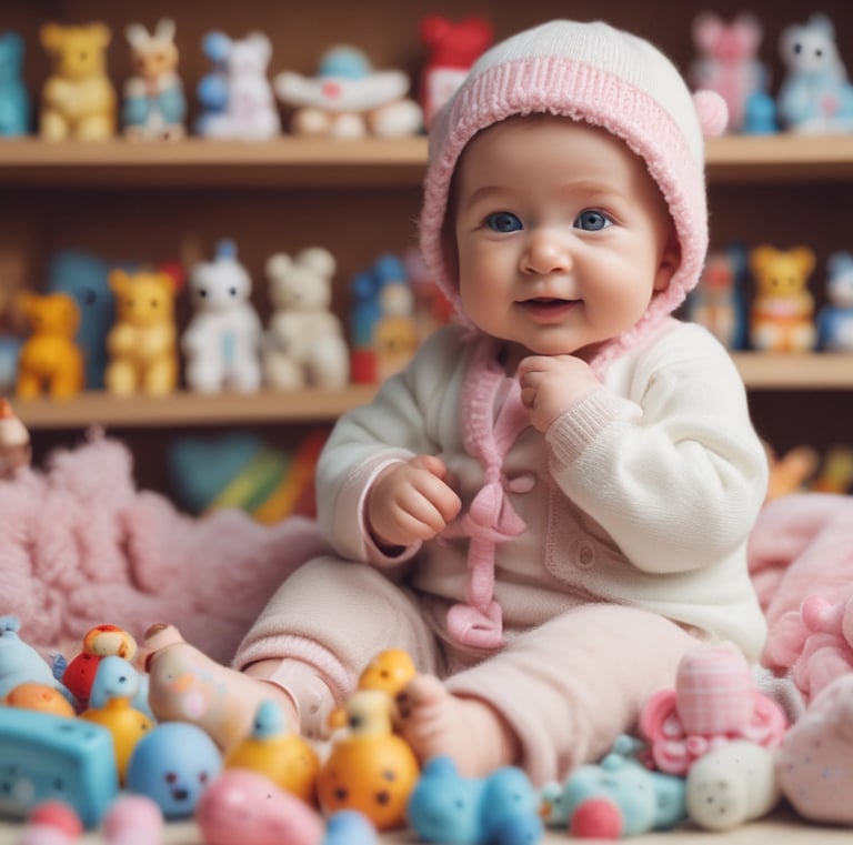 Cozy baby products corner with soft lighting and pastel colors.