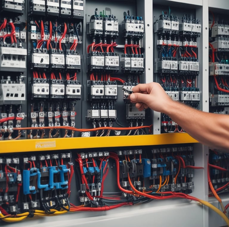 Wide shot of a technician wiring smart home devices on a wall.