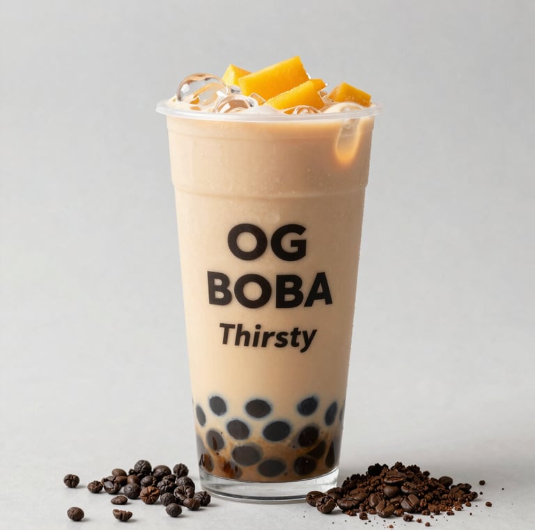 A close-up of a colorful OG Boba drink with fresh tapioca pearls and a vibrant straw.