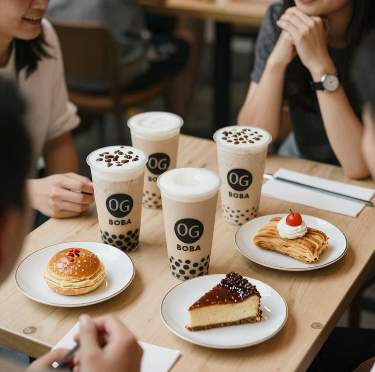 An overhead shot of a table with OG Boba drinks, pastries, and friendly chatter in the background.