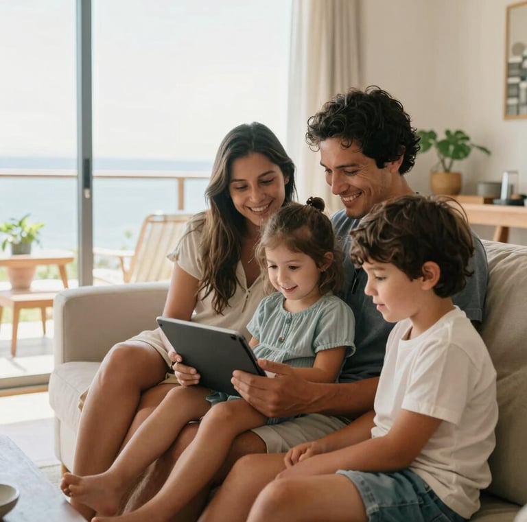 Bright lifestyle photography of a family in Portovelo sitting in their living room, smiling while streaming on a tablet, warm natural light, 35mm