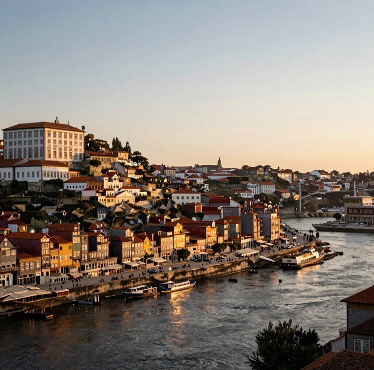 A sunlit cobblestone street in a charming European village at golden hour.
