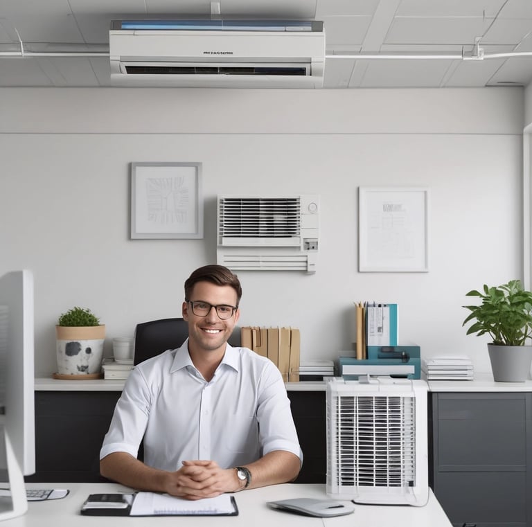 Customer service representative assisting a client with product options over the counter.