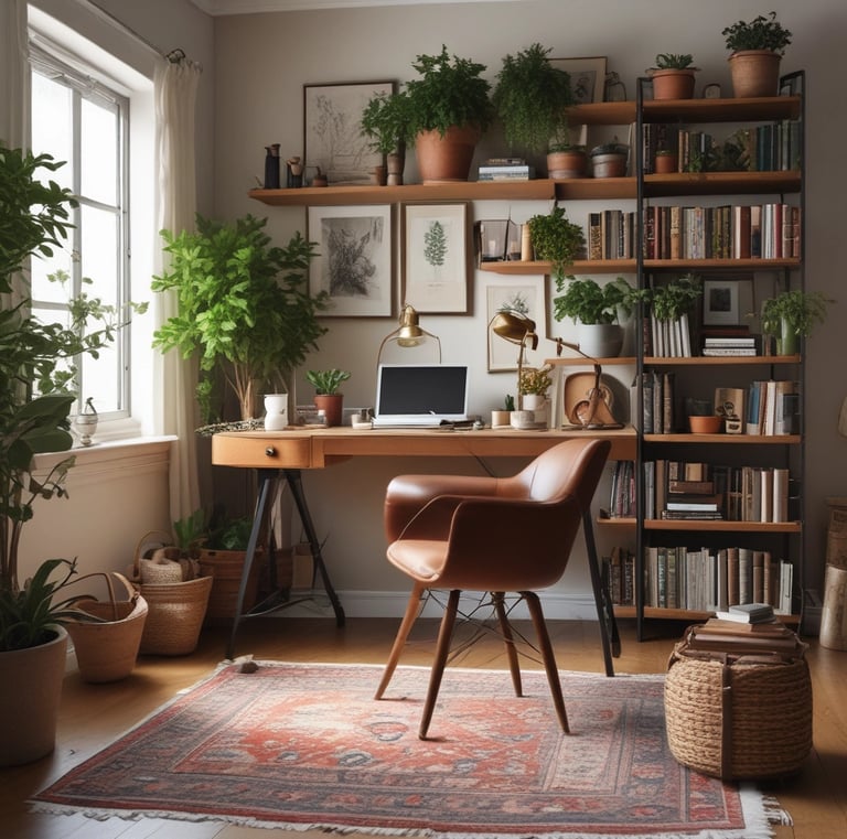 A boho-inspired workspace with layered textures, vintage finds, and warm lighting.