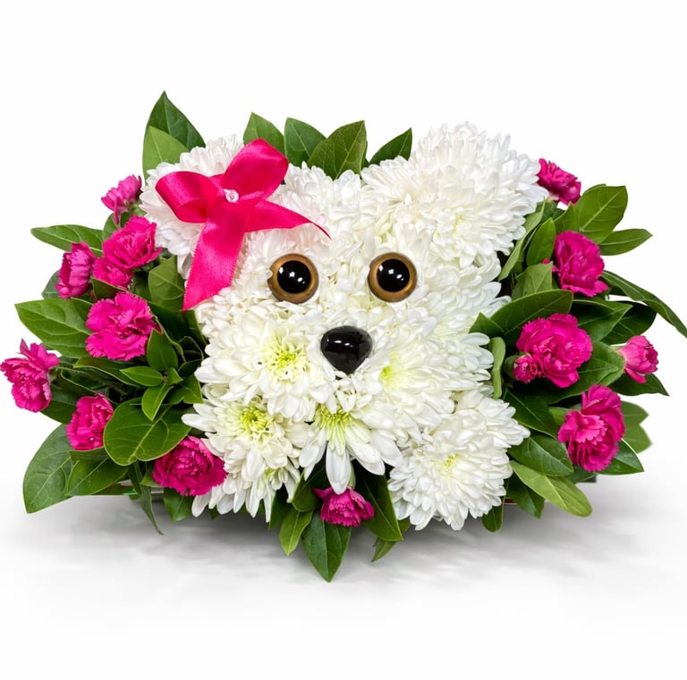 Adorable dog-shaped flower arrangement made of white chrysanthemums and pink carnations with a silk bow.