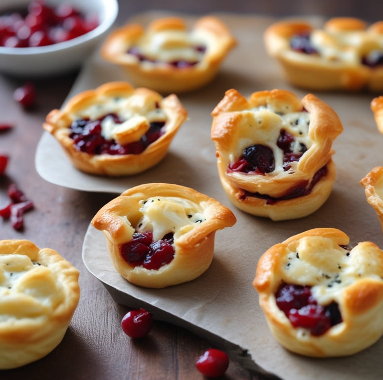 Mini muffin tin filled with raw puff pastry squares, each topped with brie and a dollop of cranberry sauce