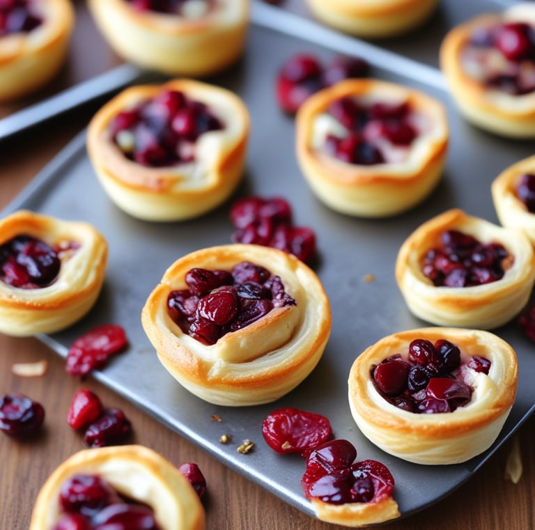 A plate of baked brie and cranberry puffs arranged with sprigs of rosemary for garnish