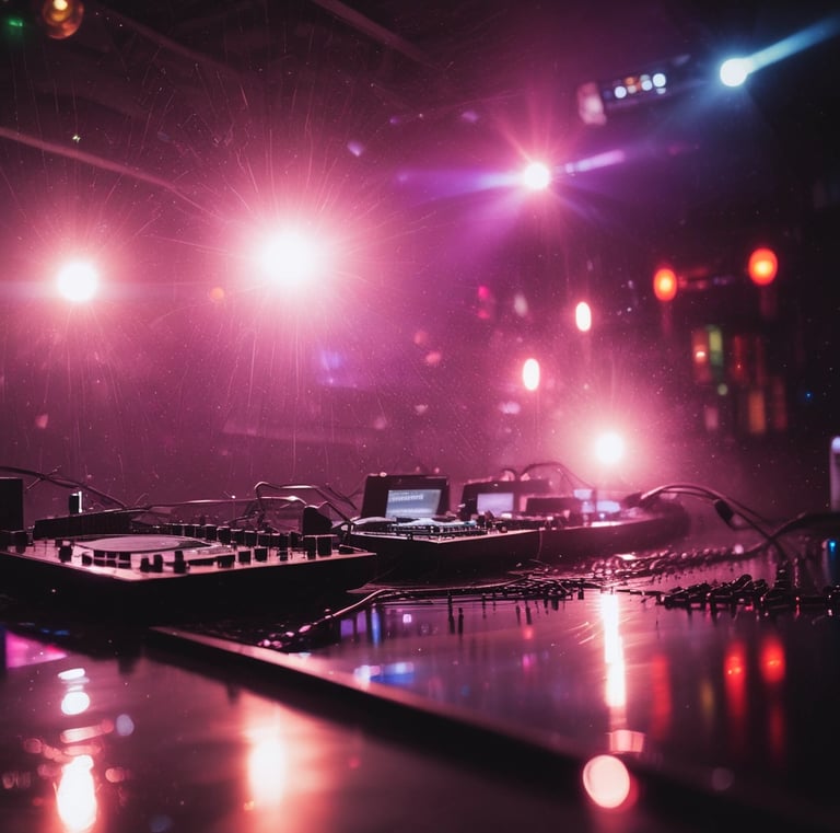DJ setup with colorful lights and a mixer at a sunset outdoor event.