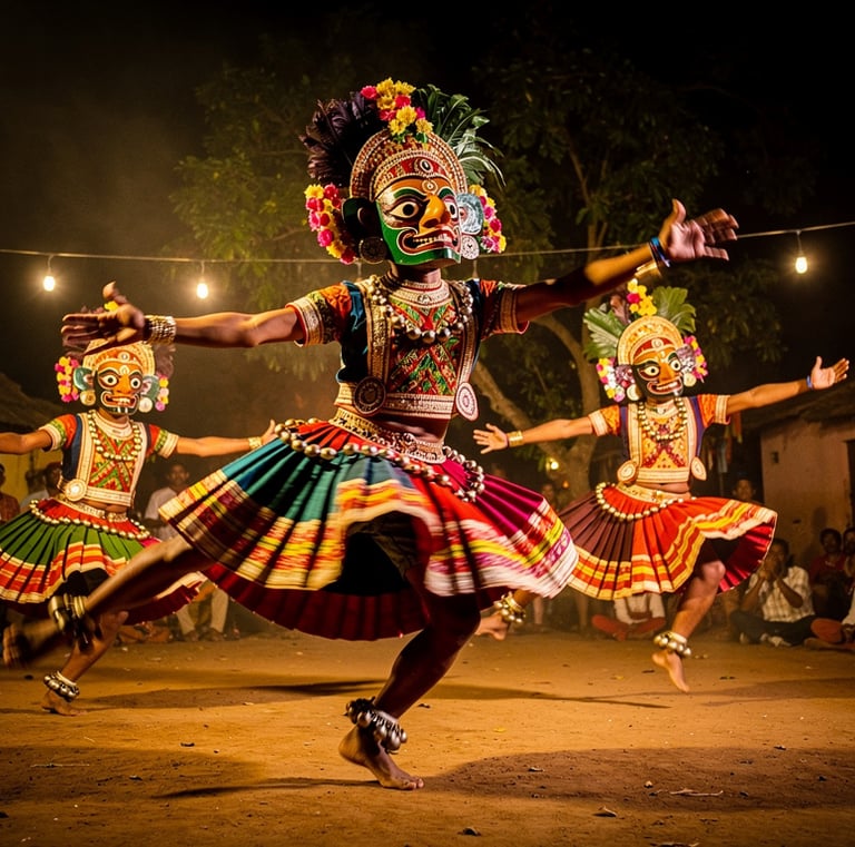 Dancers in vibrant traditional Indian Yakshagana costumes and masks perform at a night festival.