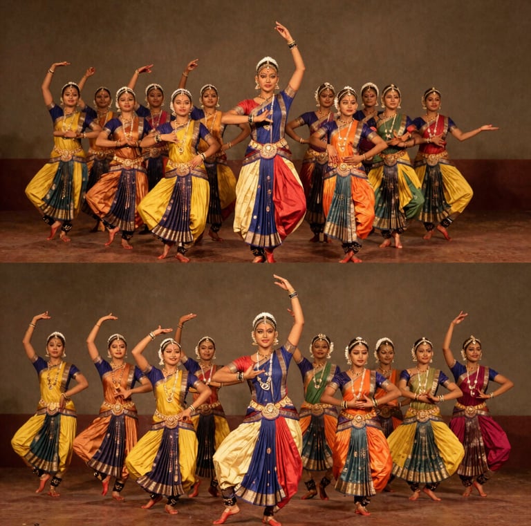A group of female dancers performing the Kuchipudi Indian classical dance in traditional colorful silk costumes.
